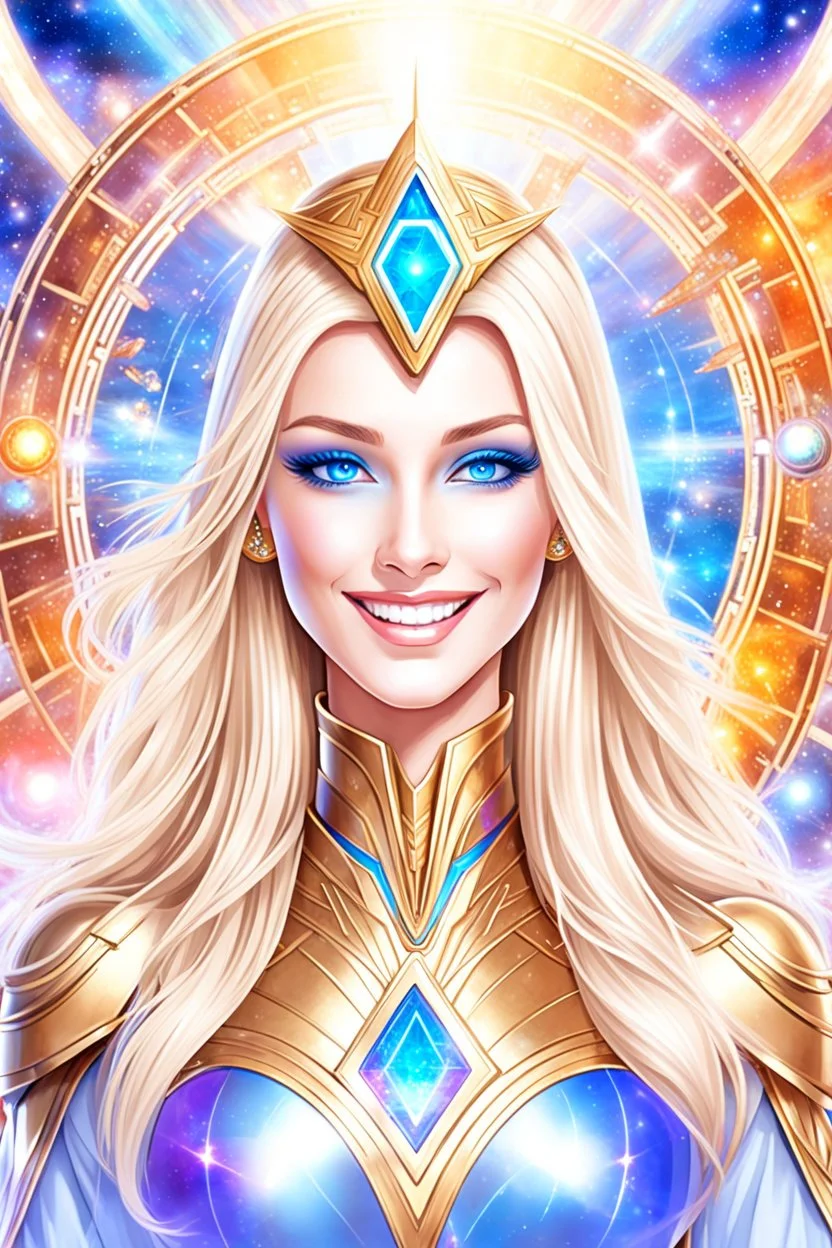 cosmic woman smile, admiral from the future, galactic confédération, fine whole face, crystalline skin, expressive blue eyes,rainbow, smiling lips, very nice smile, costume pleiadian, Beautiful tall woman pleiadian Galactic commander, ship, perfect datailed golden galactic suit, high rank, long blond hair, hand whit five perfect detailed finger, amazing big blue eyes, smilling mouth, high drfinition lips, cosmic happiness, bright colors, blue, pink, gold, jewels, realist, high,rainbows