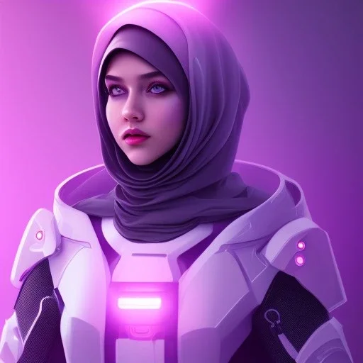 Cute girl face in hijab, Sci-fi character, purple backlight, pink and purple, scifi suit, profile, purple background, pink lighting