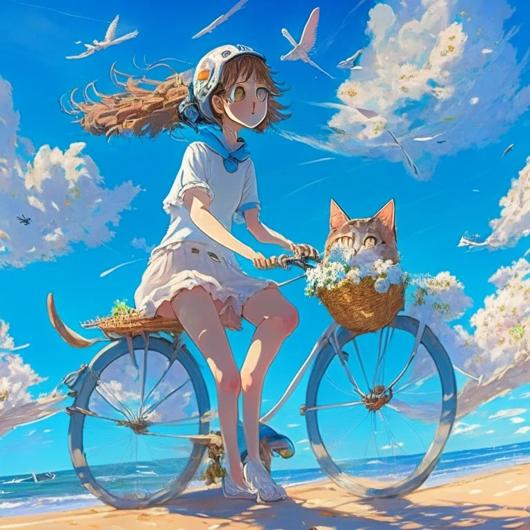 A girl is riding a bicycle on the beach. His cat is sitting in the front basket of the bicycle. Spring flowers can be seen everywhere. Beautiful blue sky with white clouds - kites in the sky. sense of peace. digital art, anime, 8k, full details