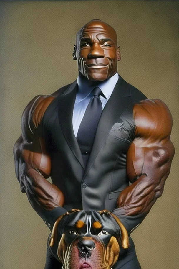 Bodybuilder Lee Haney with the face of a Rottweiler dog A dog's head instead of a person's head Only the player's body with a bulldog head on it He wears a luxurious black suit and holds a luxurious cigar The suit covers the body. In the mouth of the dog there is a luxurious Rottweiler dog head Remove the headRemove the dog and remove the head