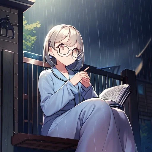 anime girl sitting on a porch swing of an old house, journaling, wearing pajamas, writing in a book, shes watching it rain, more detail on hands and her face,shes deep in her thoughts, wearing glasses, rain drops, she has a pencil in her hand and is writning in the book, she is looking down at what she is writing