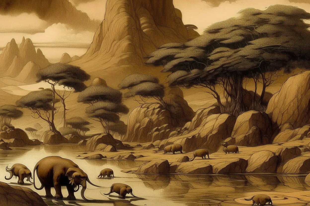 Sepia brown tar pits near a mountain painted by Frank Lloyd Wright