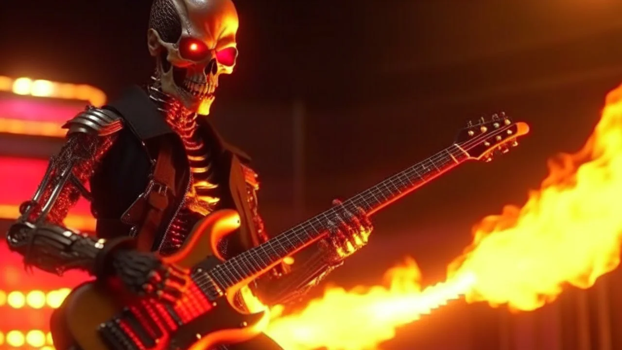 4K. REALISTIC FULL DETAILS. UN TERMINATOR DEBOUT AVEC UNE GUITARE EN MAINS FIRESTARTER; flammes en fond