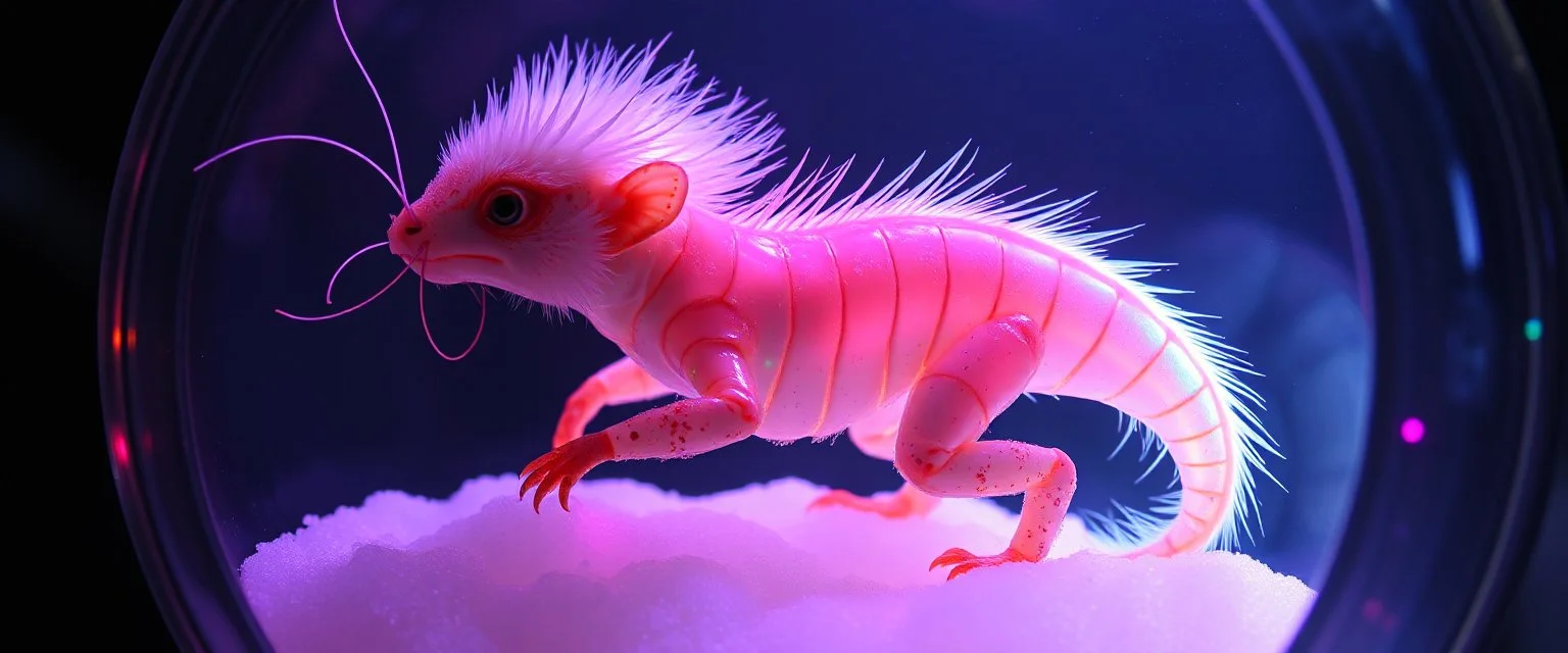 The image depicts a fantastical monkey squirrel snow soup, specifically a transparent with neon plasma aura, with a unique and whimsical appearance. The shrimp dragon is positioned in a circular frame, which suggests it might be inside a container or a vessel. The body is elongated and has a segmented appearance, with a detailed texture that gives it a realistic look. Its head is covered with white, spiky hair, adding to its fantastical charm. From the weird dragon lab.