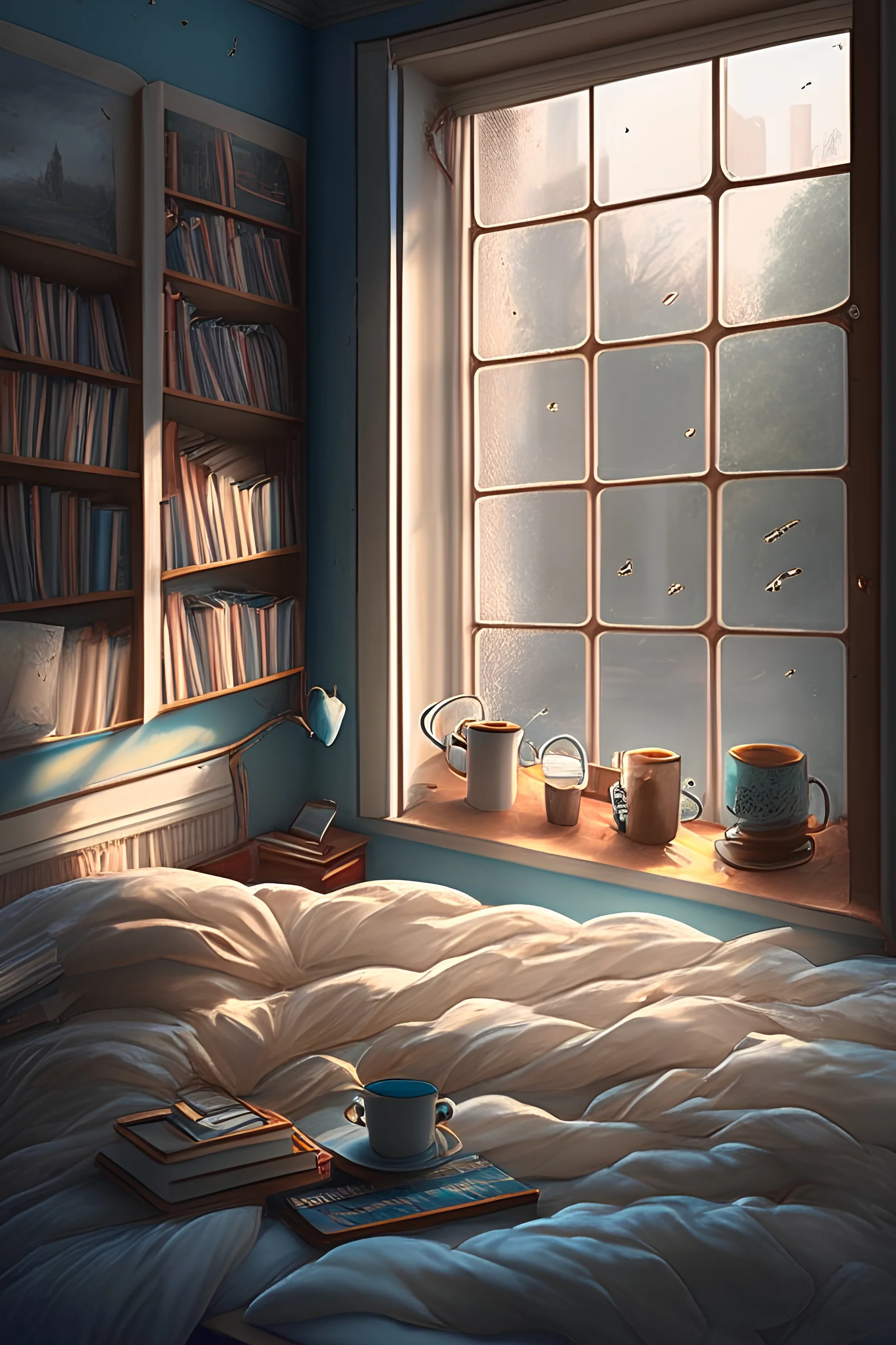 Room , four beds , students , sleeping , tablet , cup of coffee , books , big window