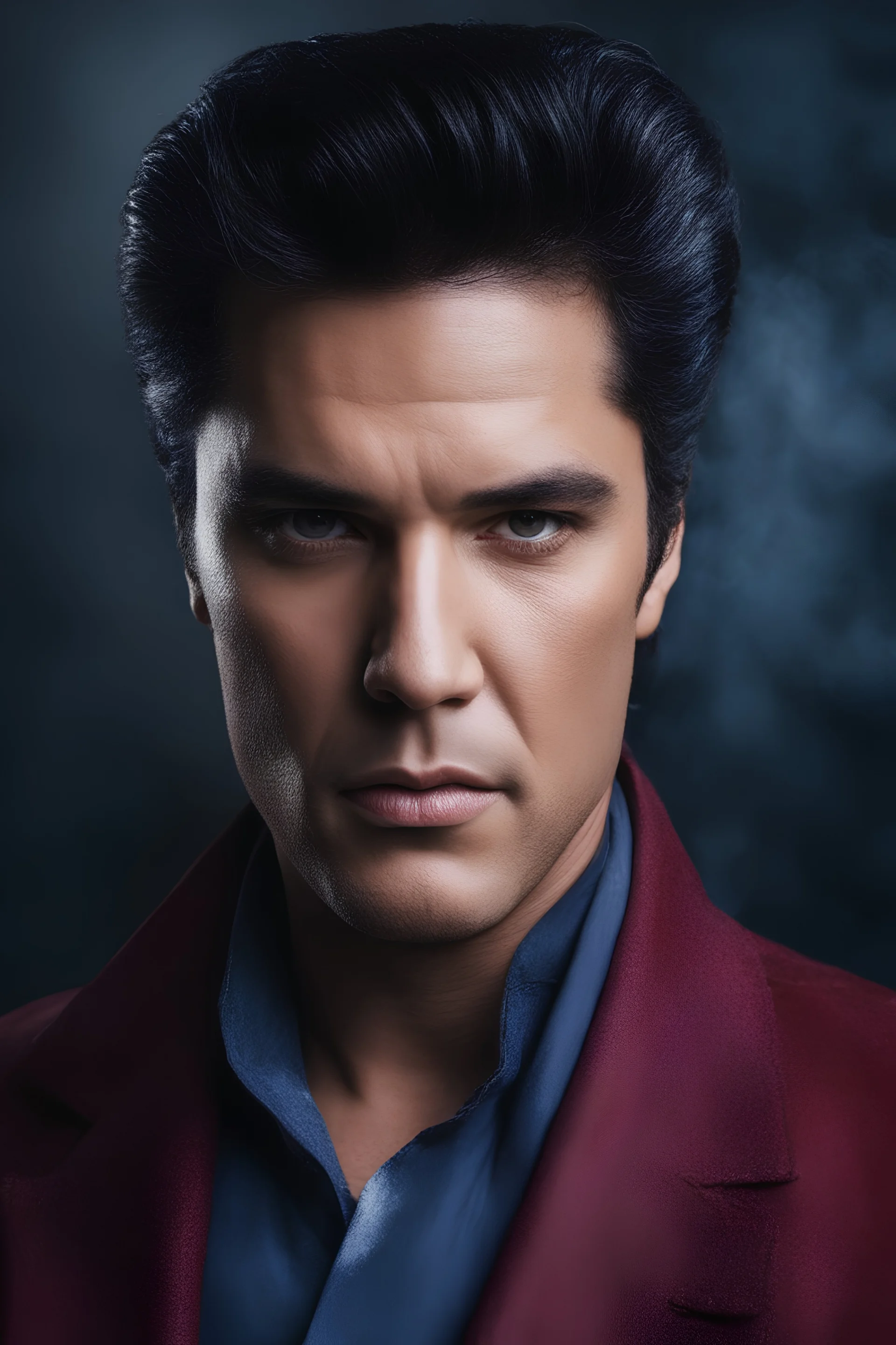 facial portrait - Elvis Milton Berl - 32k, UHD, 1080p, 8 x 10, glossy professional quality digital photograph - dark blue and dark red, and light maroon and purple and foggy black gradated background, historic, powerful, octane rendering, exquisite detail, 30 - megapixel, 4k, 85 - mm - lens, sharp - focus, intricately - detailed, long exposure time, f8, ISO 100, shutter - speed 1125, diffuse - back - lighting, ((skin details, high detailed skin texture)), (((perfect face))),