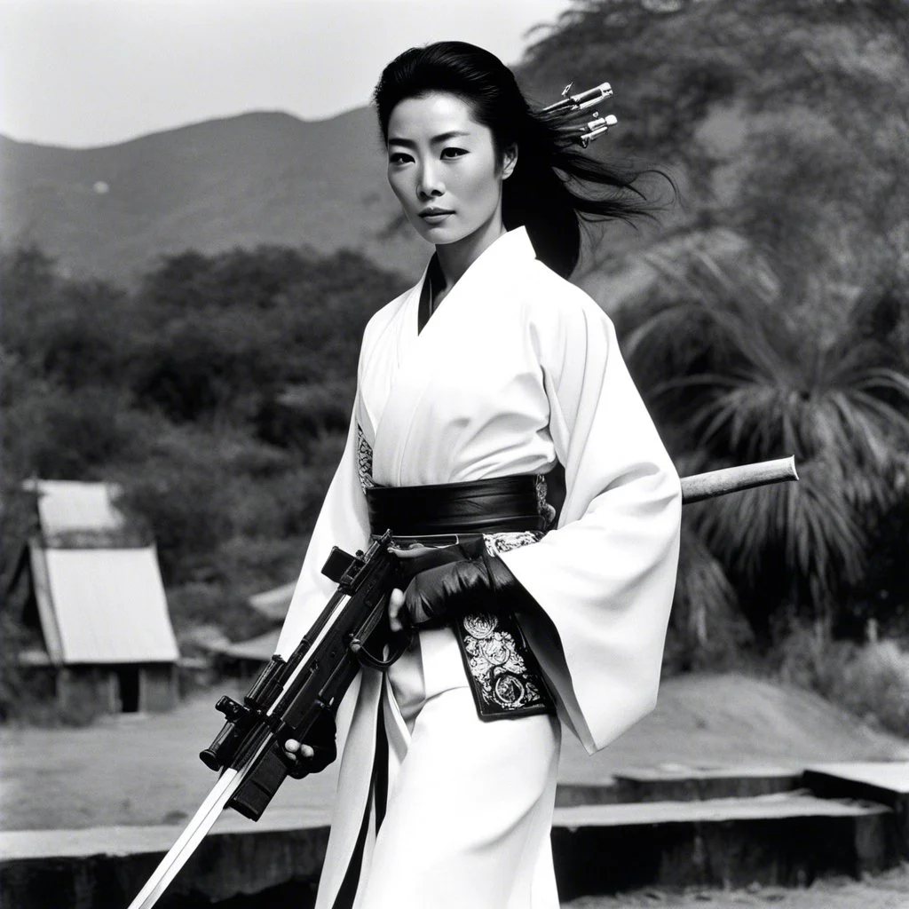 [photo of youthful Michelle Yeoh by helmut newton] The guardian stands tall, Kimono turned combat gear, Beauty wields power. A weapon in each hand: Skillful hands at work,Firearm and blade in balance, Enforcer's resolve. Her strength emanates, Ancient grace meets modern might, she attacks