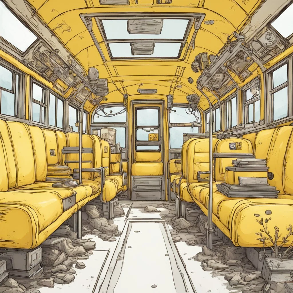 a yellow school bus, biopunk theme, detailed