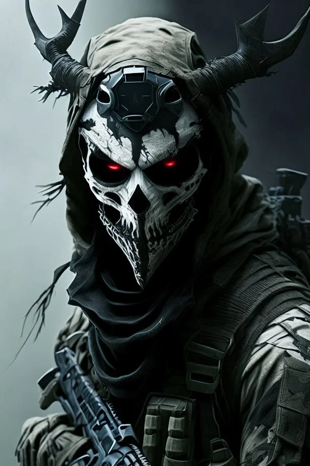 A soldier in the game modern warfare, he wears a skull mask with horns that covers his eyes. The lower half of his face is covered by a mask with a bloody fanged grin. He is a sniper, but can also run point. His call sign is Wraith. Couple