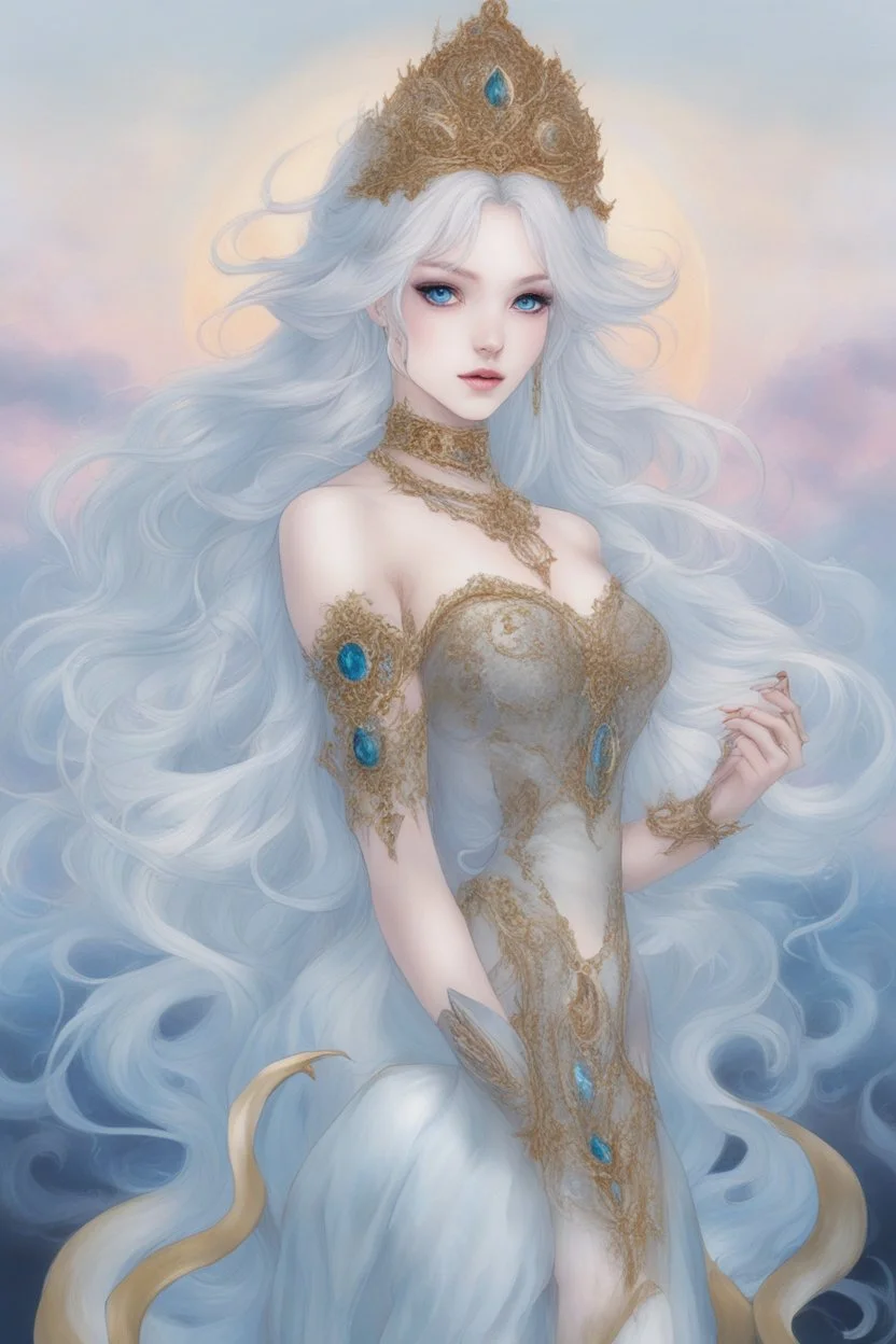 Moon queen long white hair, off shoulder dress, blue eyes