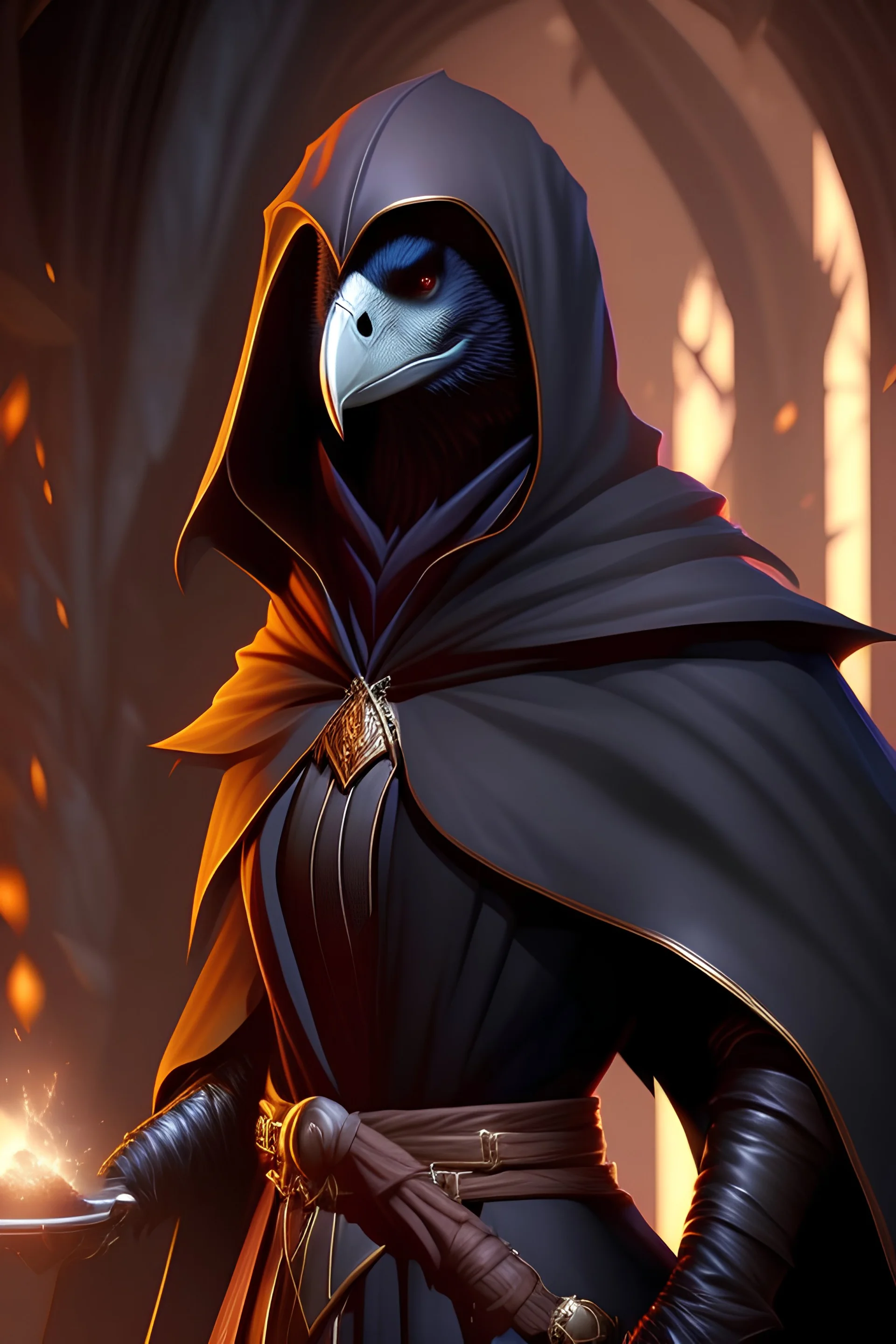 Kenku female, dungeons and dragons character, humanoid, black cloak, 4k resolution, retroanime, masterpiece, natural background, realistic