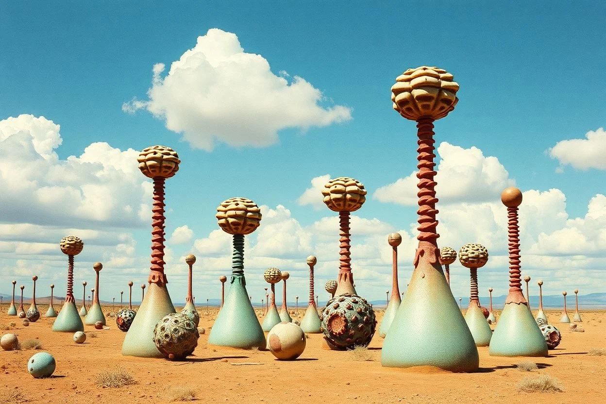 Strange spindle-shaped objects of various shapes, scattered over an arid wasteland, clouds, Max Ernst, Audubon, Amano, Walton Ford, Yves Tanguy, bright colours, polaroid, 8k, 3d, 33mm photography, well defined