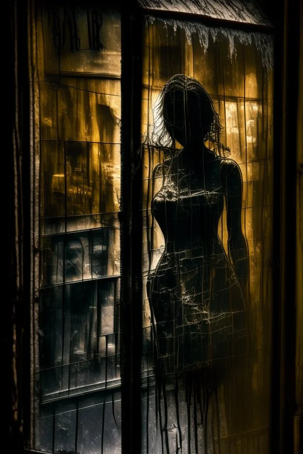 A dirty smudged window a old shop with reflections of a dark paris street light glinting off the surface of the window, reflection of an female figure