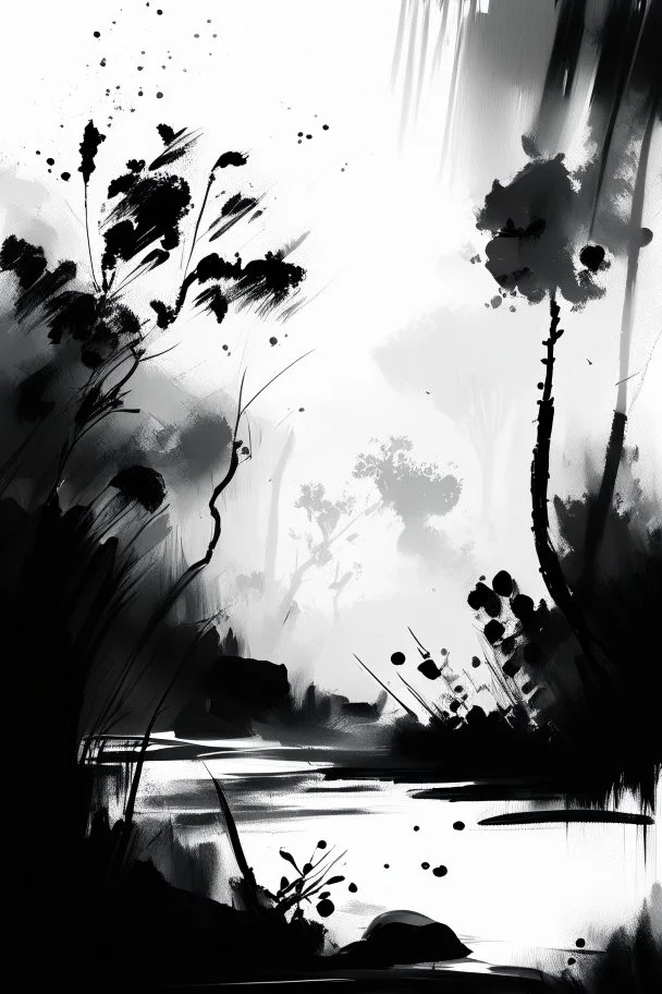 art background, nature scene brush strokes, black white