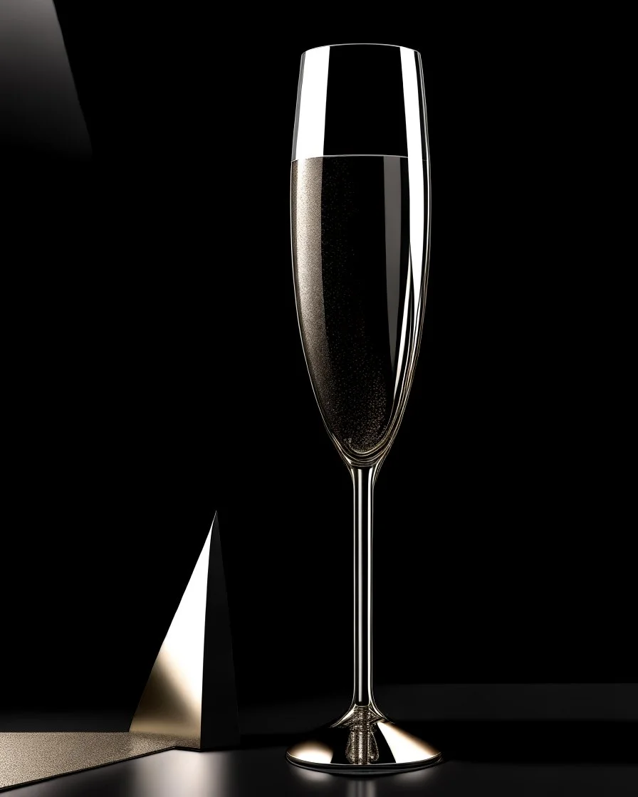 A sparkling glass of champagne, captured in a sleek and modern graphic design with metallic accents.