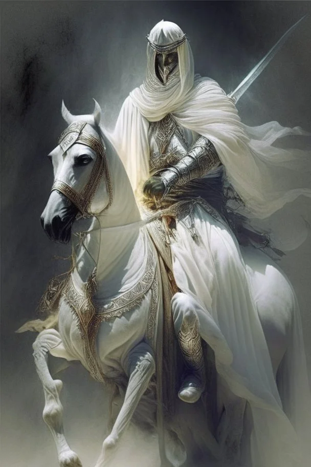 An Arab warrior holding two swords, sitting on horseback, wearing a white robe, strong, mysterious, frightening, fantasy, high quality