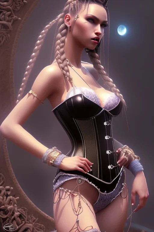 sexy milf, black hair, braids, pony, corset, moon, 8k resolution, high-quality, fine-detail, intricate, fantasy art, detailed matte, volumetric lighting, illustration, 3D