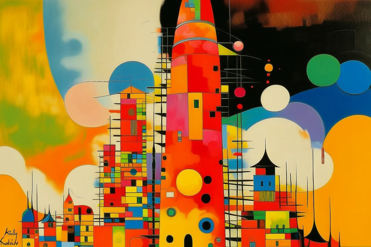 An orange colored tower in an electrical city painted by Wassily Kandinsky