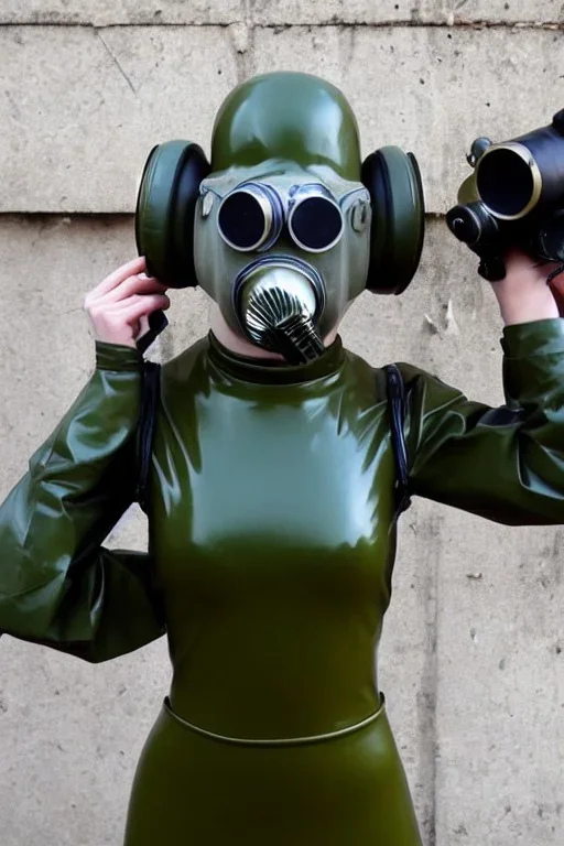 Russian military girls.Tendril-gas-mask-Synthesizer-proboscis. Army green surfaces body, latex. skin is golden hard plastic material. Cyber-punk Metallic headphones and speakers, Old-fashioned cameras integrated to heads. LED-eyes Perfect body, thick thighs and calves. simple face. Wide hip, red fabric skirt bleats nicely. Partly symmetrical. Golden ratio. Space-corrosion, rusty and decayed background. Steam-plunge air-bottles. Euclidean 3D-tiling walls. 5th dimension. Oppressive atmosphere