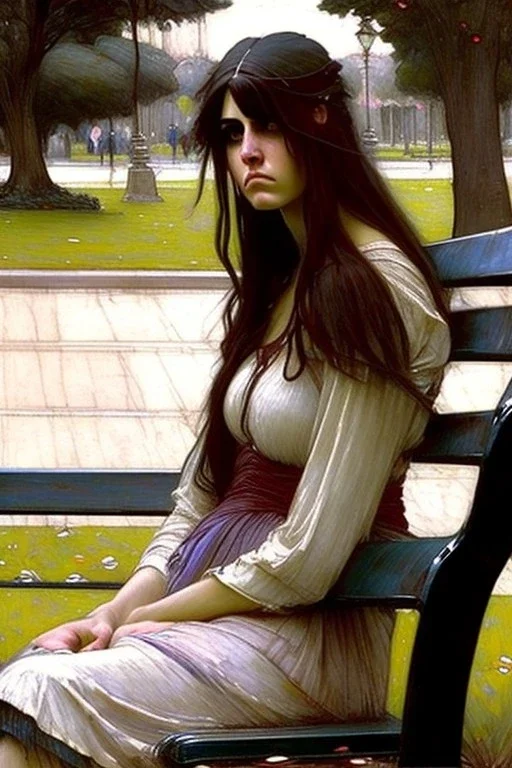 Woman angry sitting on a park bench. John William Waterhouse