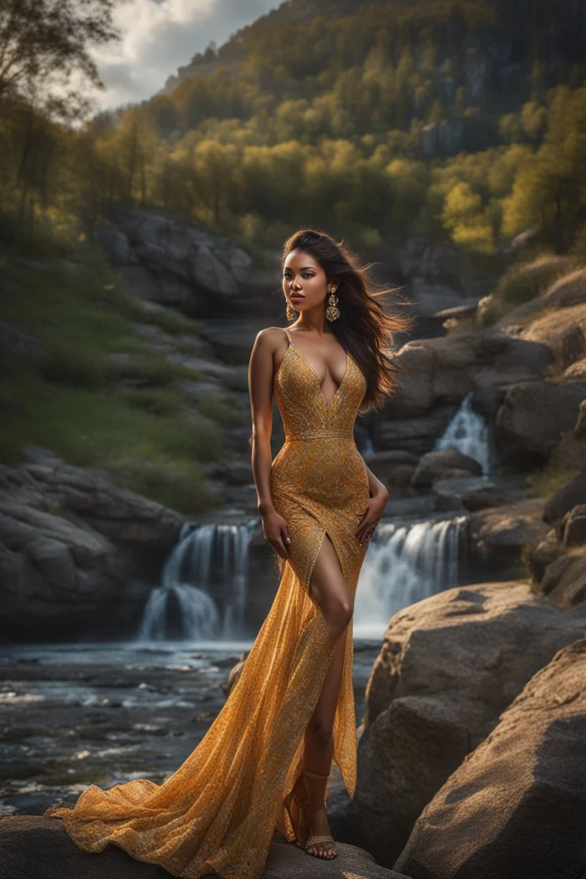 full shot body photo of the most beautiful artwork in the world featuring model, happy mood, High Detail, dramatic, photo realistic, ultra sharp, ultra hd, hyper realistic, ultra realistic, ((((dress)))), trending on artstation, sharp focus, studio photo, intricate details, highly detailed, standing in nice pose in country side with river ,water fall ,rocky valley,mountains at background, pretty clouds