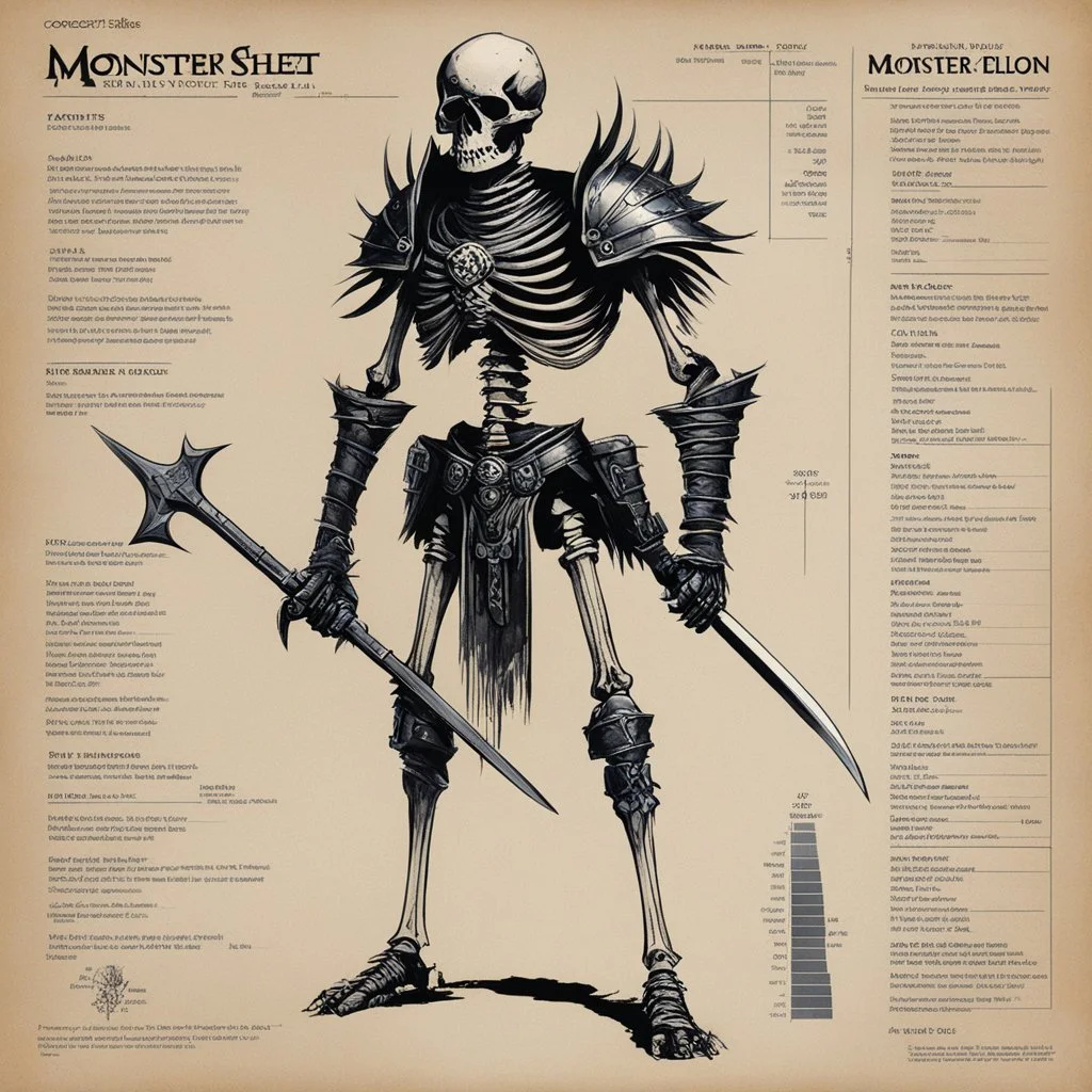 ConceptSheet: AD&D monster skeleton warrior, with statistics [by Jeff Dee]