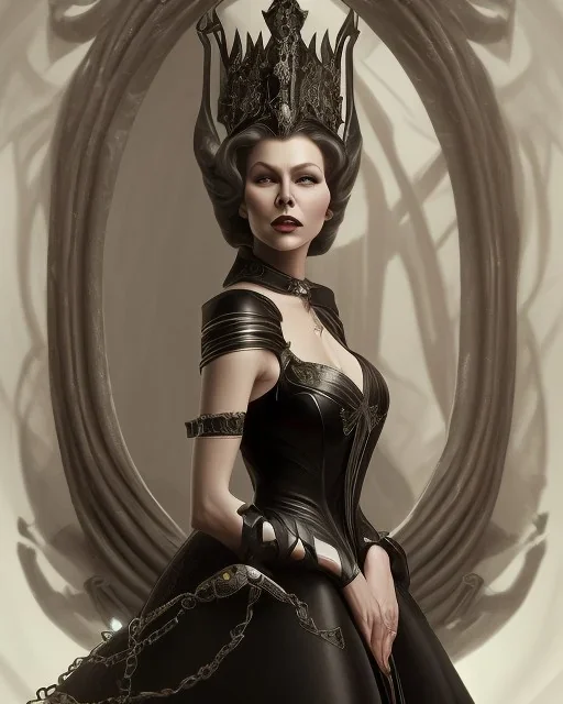 old evil queen in black leather gown, femme fatale, volouptous, busty, cleavage, angry, emperious, 8k resolution concept art portrait by Greg Rutkowski,