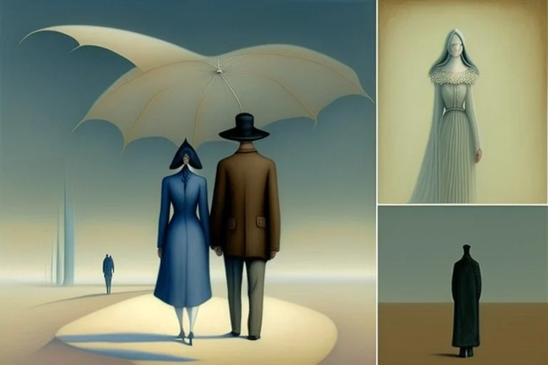 two people seen from behind walking side by side in an empty foggy plain, above there is blue sky by artist "Leonora Carrington",by artist "Christian Schloe",by artist "Kay Sage"