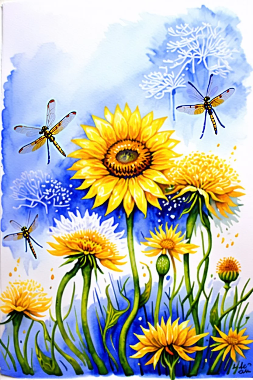 Dandelions, Water Hemlock, wild flowers and dragonflies stunning watercolor art by susan Winget, painted, in gold, blue and white tones with a sunflower --v 7 In style of Marjolien Bastin.