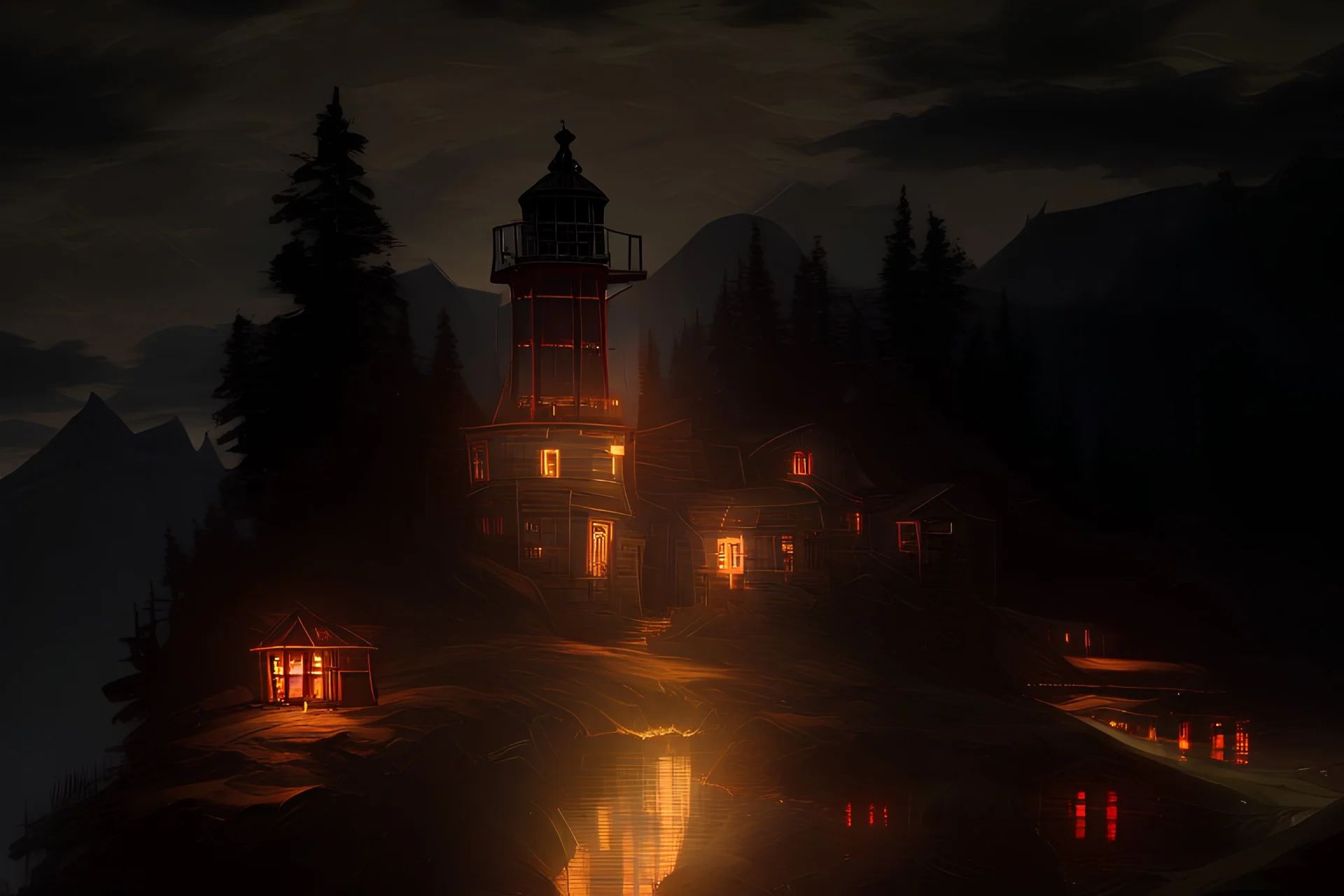 Enhance the background to a dark night. There are many glowing small lighthouses on the mountain. There are a few small clouds in the sky