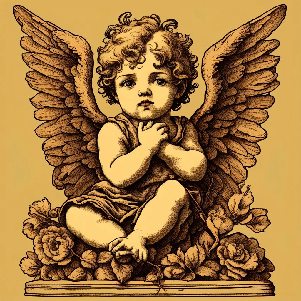 Lovesick cherub looking cupid illustration, vintage valentines day colors, overexaggerated, detailed drawing, behance, Victorian inspired, art station, in the style of damien hirst