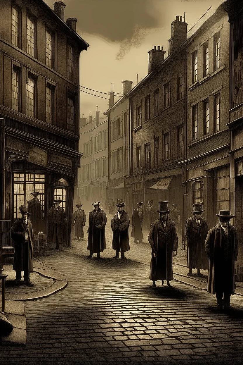 1890s city streets with muddy road and dark atmosphere people outside a brothel digital art