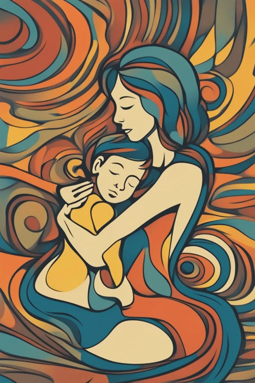 Mother holds her son , abstract style