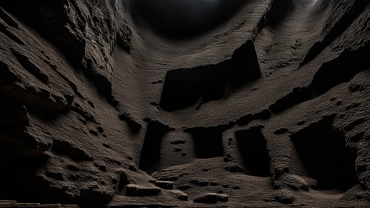 dark rock cave, looking upward as the cave continues upward. waterworks are used to deliver mined ore from the top of the cave down to the bottom, lined by a small dam, in the style of jordan grimmer