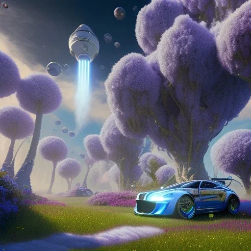 Spaceship landed on astroport, sunny day. clear sky, cascade, blue trees, flowers. Elegant. Extremely detailed. Award winning photography. Fantasy. 8k. Cinematic lighting. Photorealistic. Dynamic lighting. Imperial colors. Crisp quality. Unreal Engine. Colourful cinematic postprocessing. Pixar. VRay.