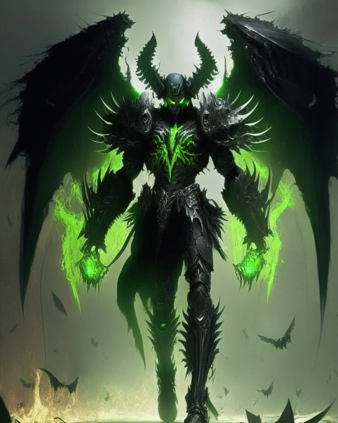 demonio de armadura negra y verde, con alas negras de ángel caminando hacia enfrente con un fondo en llamas