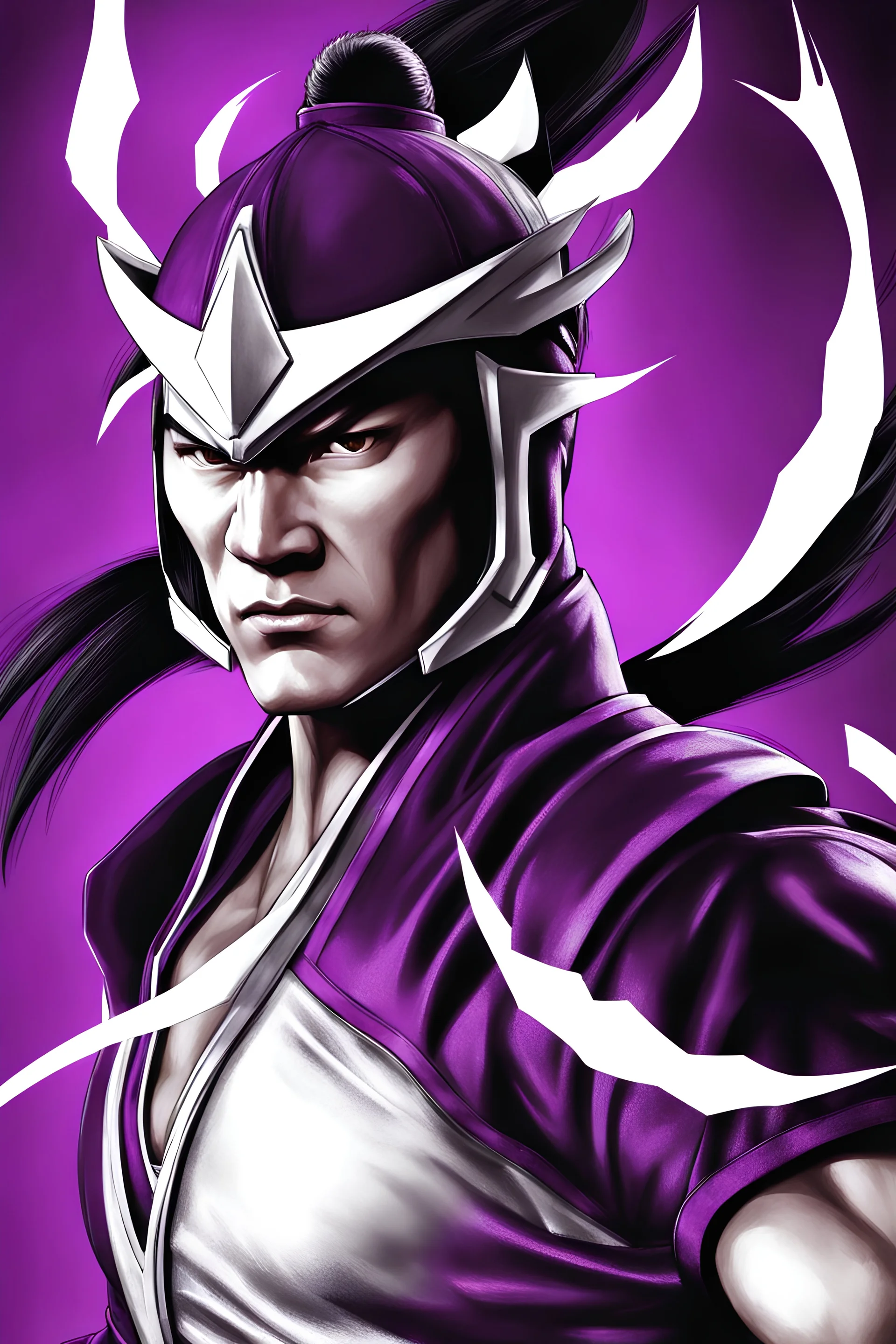 masterpiece, best quality, Sub Zero from Mortal Kombat as Kazuya Mishima from Tekken, lightnings around his arms, in the style of Tekken, in the style of Hiroyuki Takei, duotone only purple and white, professional quality drawing, ultra detailed, only pencils