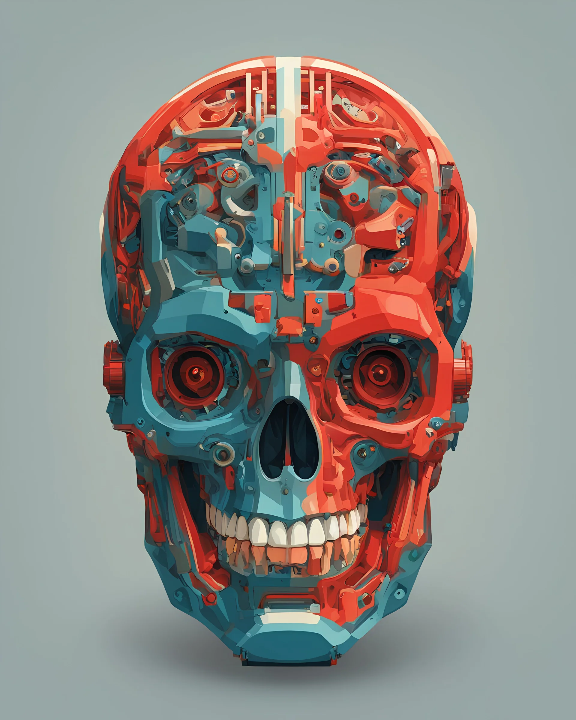 A flat vector icon of a mechanical human skull, layered, 3d, 64k, vray, complimentary colors, red blue green, one color family per layer