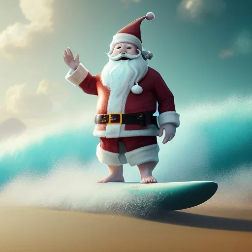 Santa standing of surfboard surfing a big wave, empty hands, beach, character design by cory loftis, fenghua zhong, ryohei hase, ismail inceoglu and ruan jia. unreal engine 5, artistic lighting, highly detailed, photorealistic, fantasy