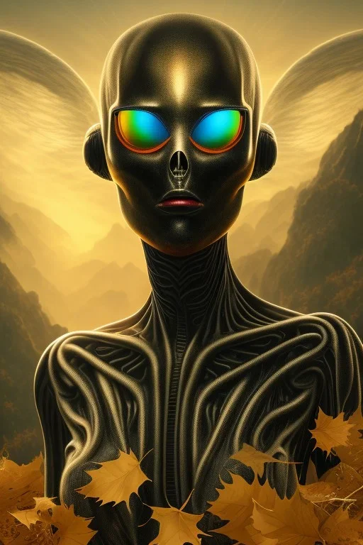 running alien portrait , black jogging suite , in the sunset Alps, golden light , holding leaves and flowers , angels background, volumetric light, high detail, dark leaf tree, dark mountains in background, perfect, HR Giger style