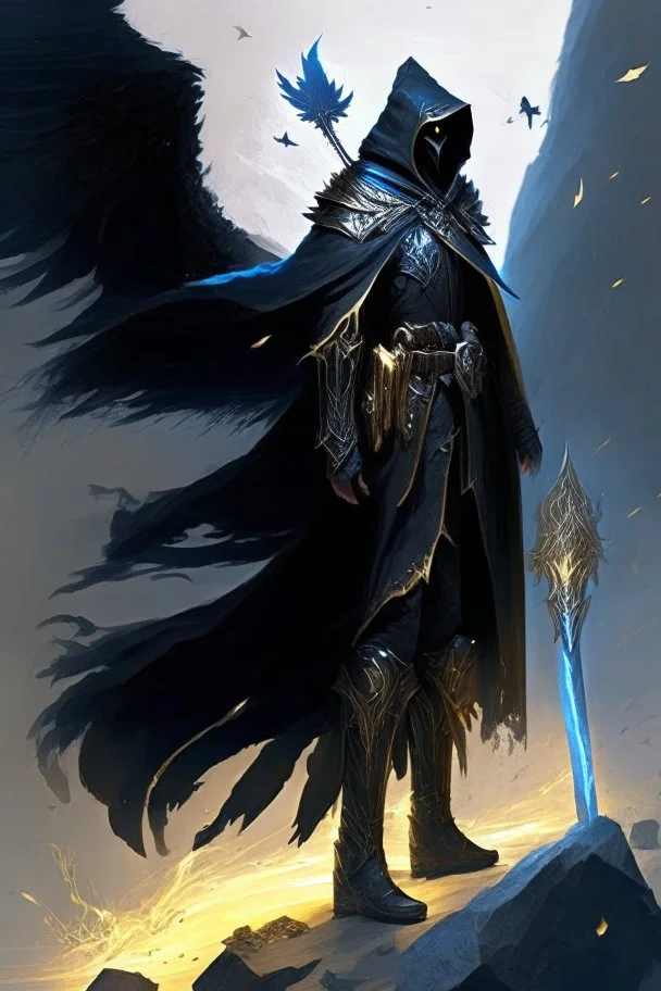 A commander with a black cloak and a long coat with long combat boots and a long spear with his Helmet is golden under his cloak like assasins With a magical power in his hand and a white anklet and boots With blue flame eyes,It has two black wings on its back,Standing on top of a rock