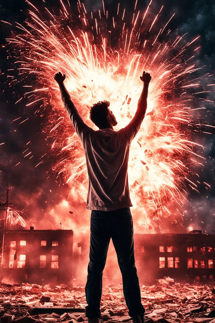 Young man standing, with arms raised, in front of an exploding building at night, with red lightening around him