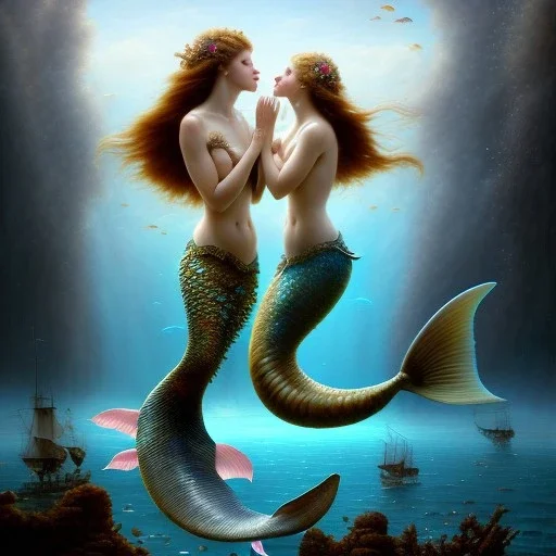 A beautiful portrait of a two mermaid couple kissing , leaning on a ships deck ,Rough sea in the background, a shark,snails, seashells (digitall art by Eugene de Blaas and Ross Tran, vibrant color scheme, highly detailed, in the style of romanticism, cinematic, artstation best quality, realistic lighting, masterpiece portrait, details light dusting , cowboy shot from above, simple chain hauberk Vector art digital illustration 3D shading )