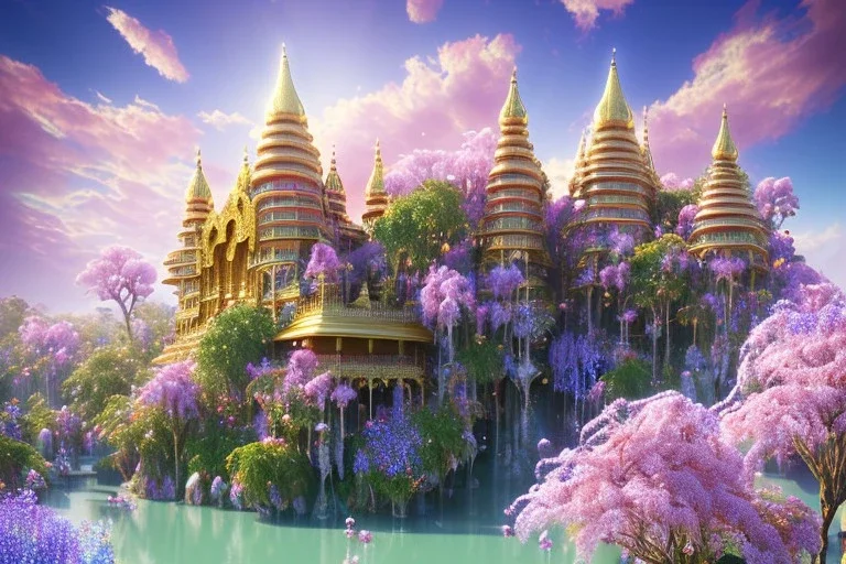 montagnes,gold and pink crystal indian PALACE,swanns,waterfall, BLUE LAKE, SWANNs,fuksia bugainvillier flowers, jacaranda violet trees, sky pink blue, full of details, smooth, bright sunshine，soft light atmosphere, light effect，vaporwave colorful, concept art, smooth, extremely sharp detail, finely tuned detail, ultra high definition, 8 k, unreal engine 5, ultra sharp focus