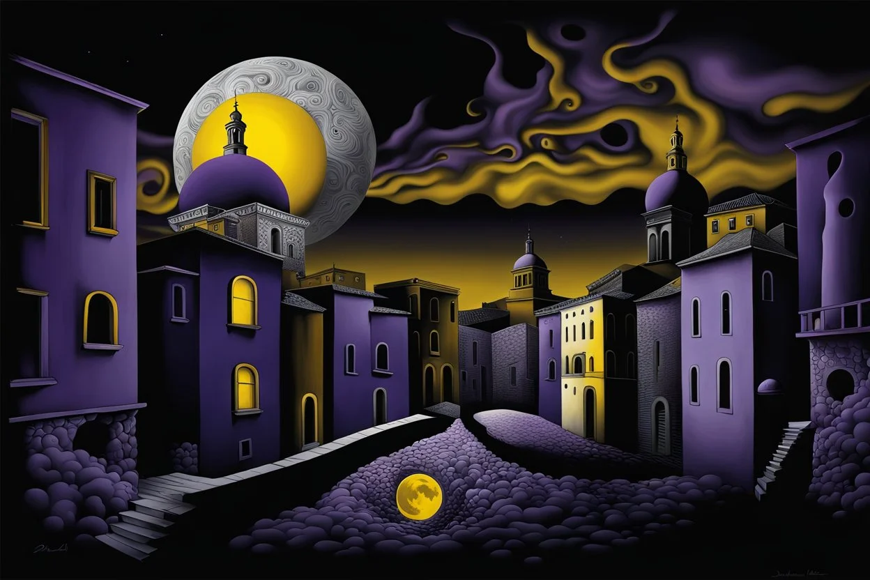 midnight in surreal old city with one big full moon, shadows on walls, strange buildings, sinister, dark clouds, by Greg Rutkowski surrealism Salvador Dali , purple-yellow, black melting oil on canvas, sinister, by Greg Rutkowski surrealism Salvador Dali matte background melting oil on canvas abstract vector fractal, wave-circle function, Zentangle, 3d shading