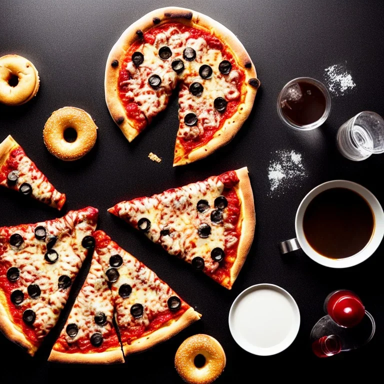 Pizza, hamburger, coca-cola, donut, coffee, black background