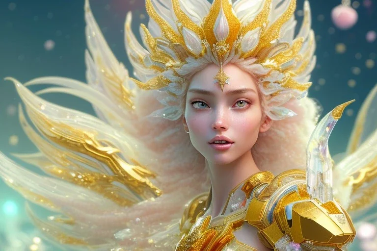 very beautiful crystal and gold goddess in a galactic ambiance, nice smiling, transparent petals, delicate colors, full of details, smooth, bright sunshine，soft light atmosphere, light effect，vaporwave colorful, concept art, smooth, extremely sharp detail, finely tuned detail, ultra high definition, 8 k, unreal engine 5, ultra sharp focus