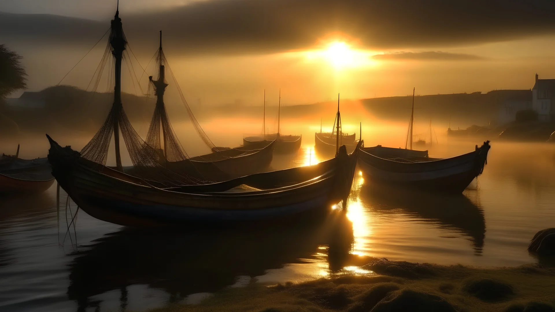 Fishermen’s boats anchored around a Scottish harbour near a fishing village, fishermen putting fishing nets on their boats, mist covering the distance, the moment the sun rises, beautiful romantic photograph, excellent composition, atmospheric, realistic