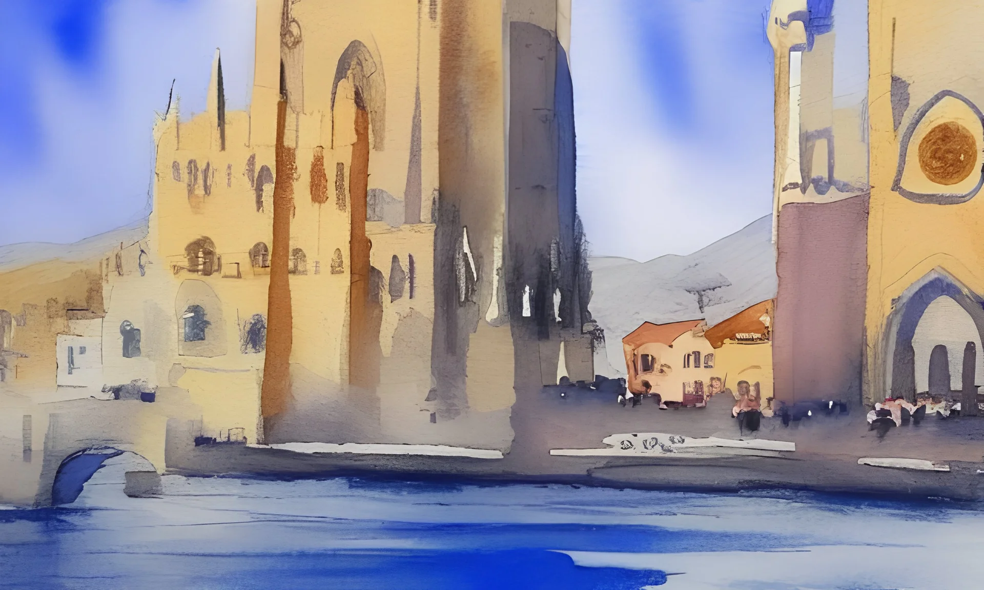 watercolor, city, ultramarine blue, raw sienna, kathedrale