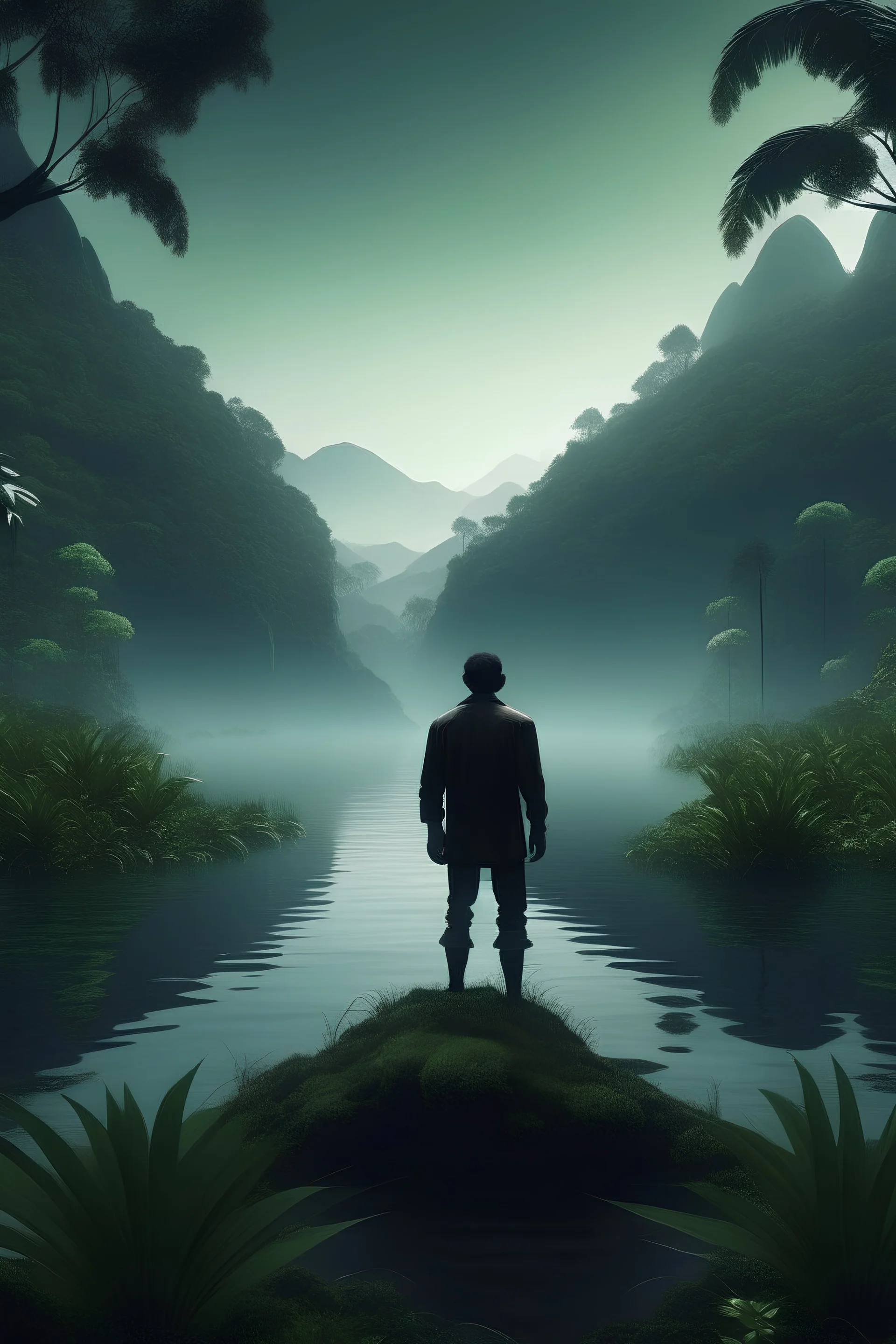 an anonymous man facing towards fantasy jungle lake